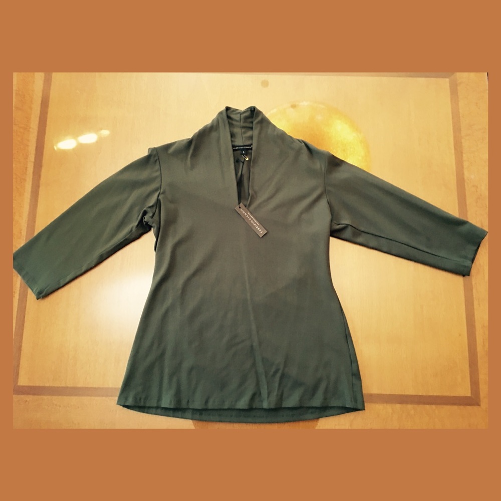 Fabrizio Gianni Stretch V-Neck Olive Top, NWT